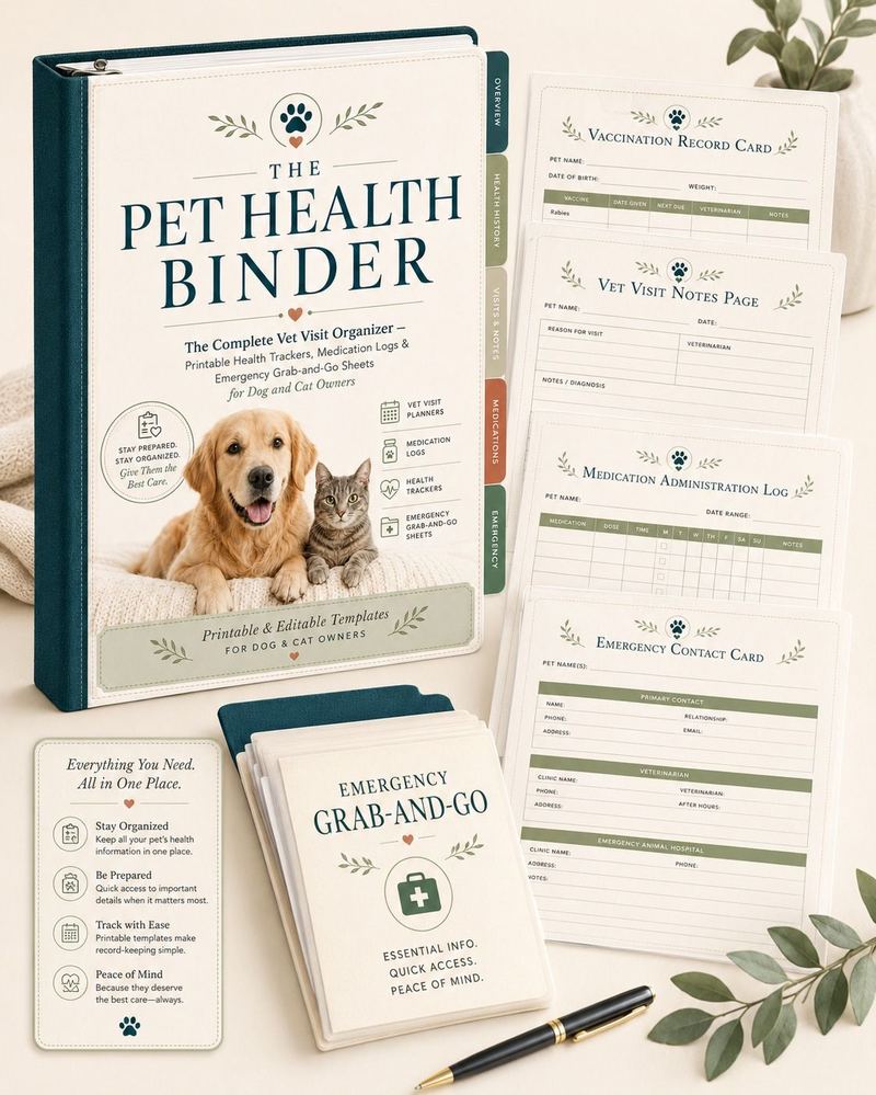 The Pet Health Binder printable toolkit with internal pages