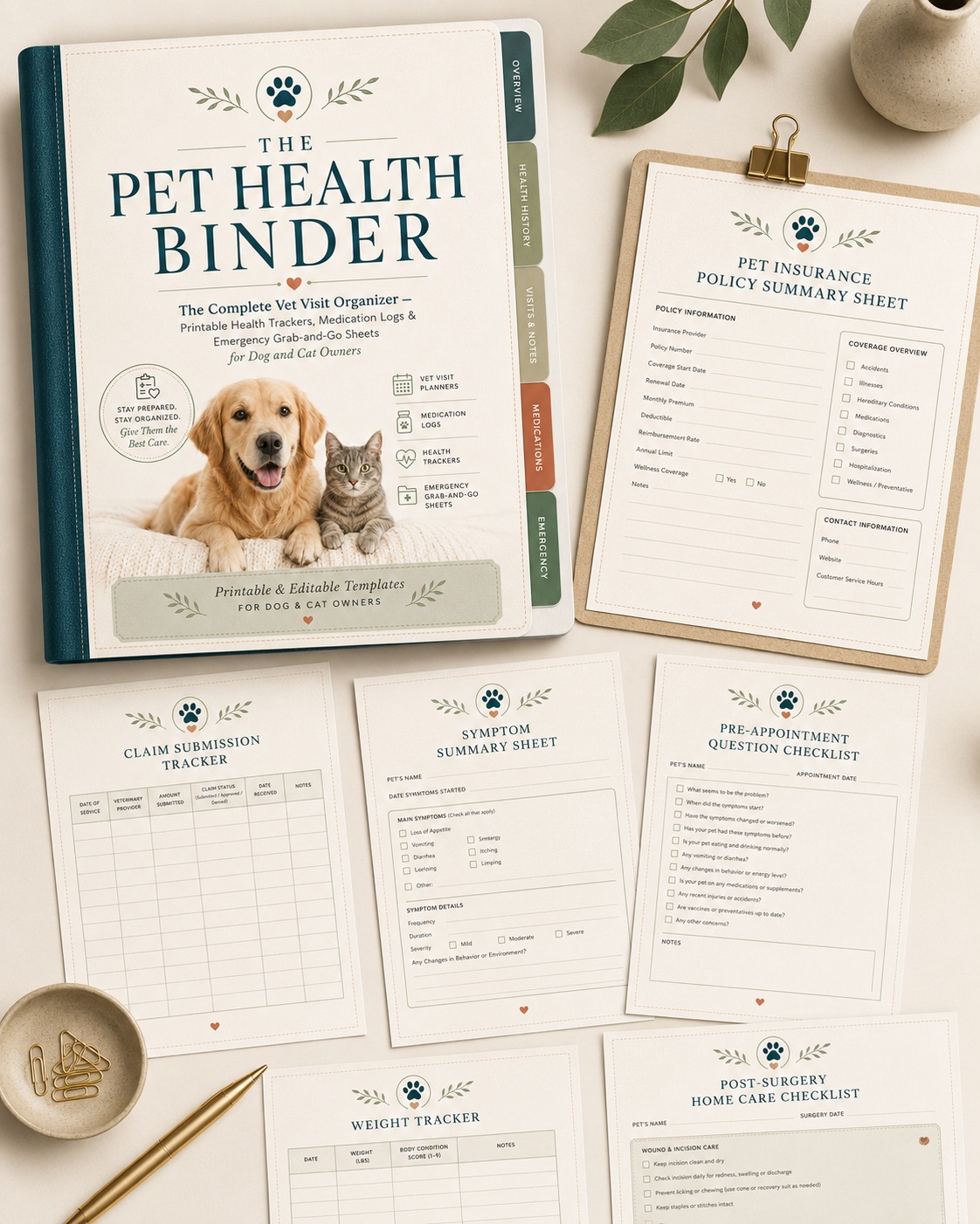 Internal printable pages of the Pet Health Binder