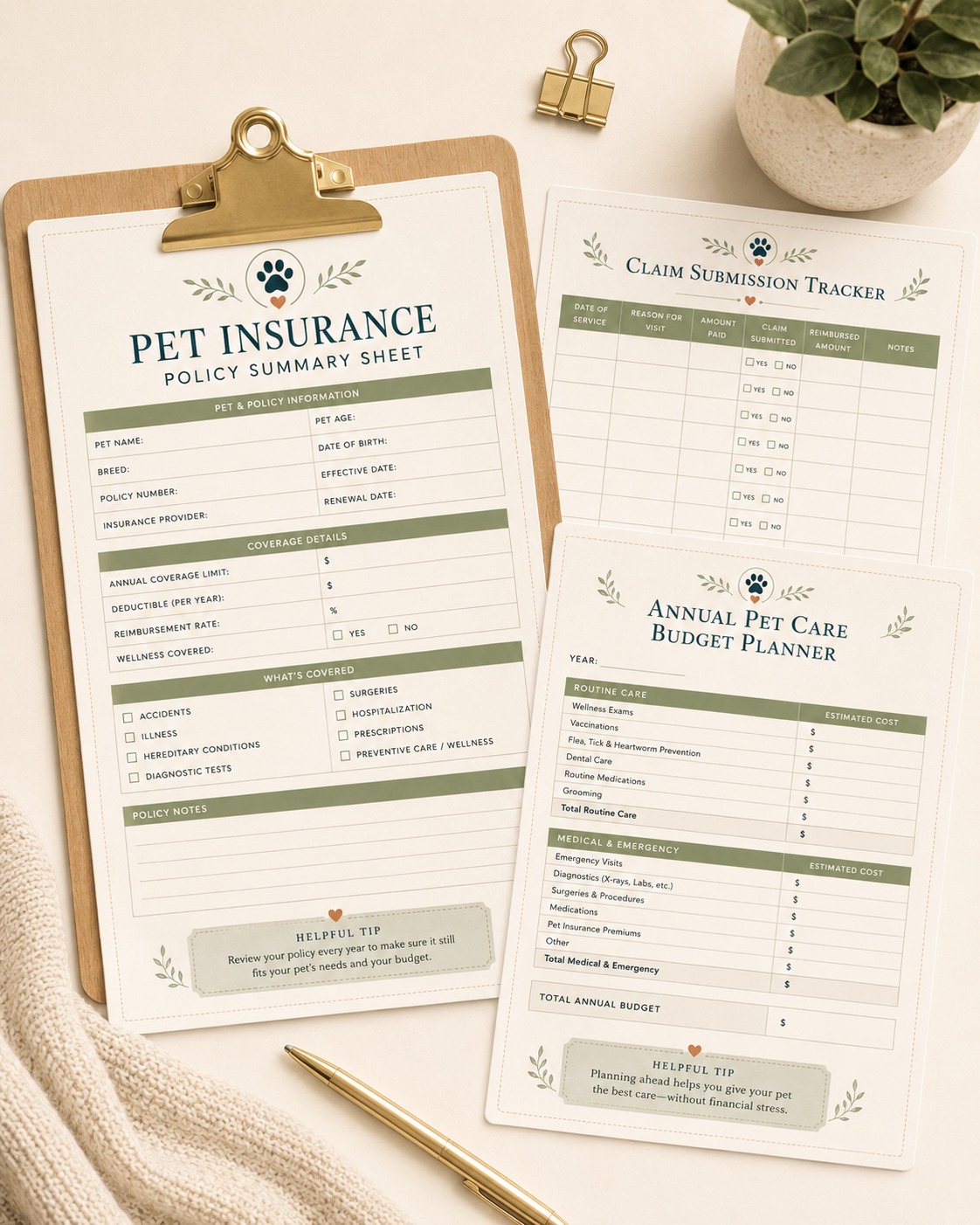 Pet Insurance and Vet Cost Organizer printable pages