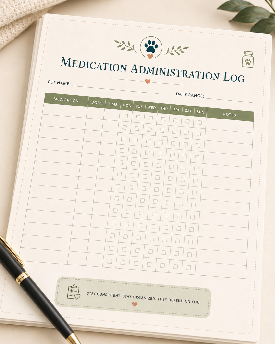 Medication Administration Log printable page