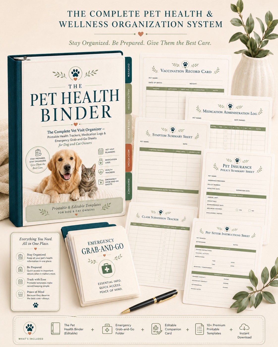 Full Pet Health Binder bundle with all printable pages