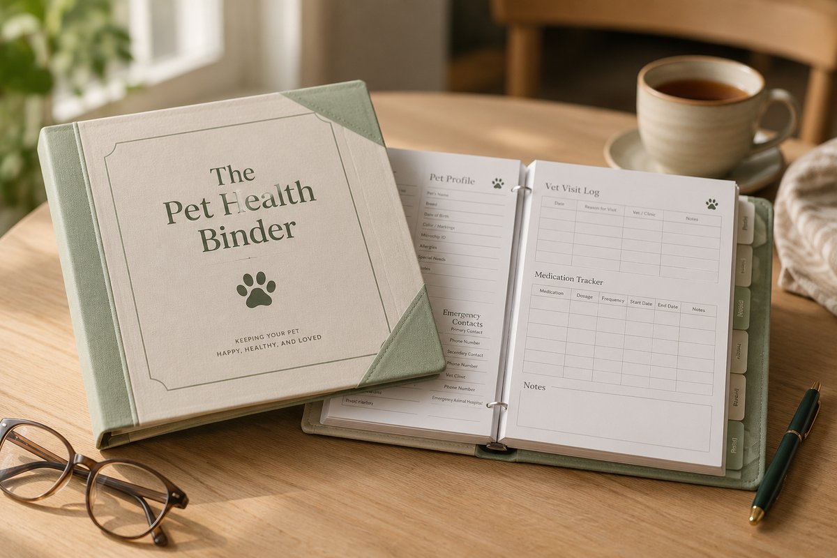 The Pet Health Binder — printed binder open on a table showing Vet Visit Log and Medication Tracker pages