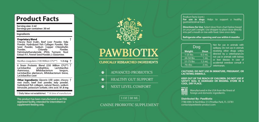 PawBiotix product facts label showing ingredients, CFU counts, dosage chart and cautions
